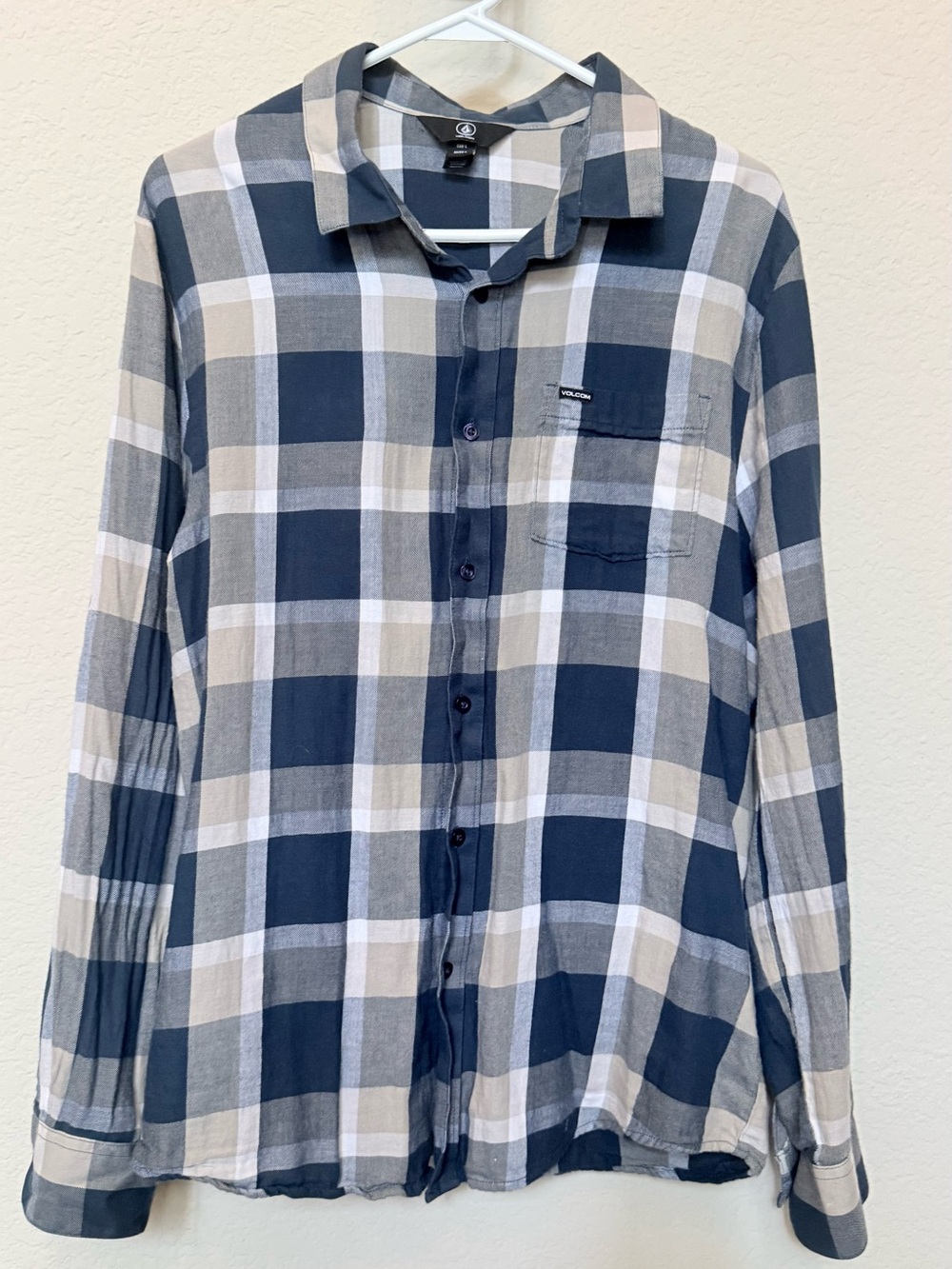 Volcom Men’s Navy, Gray and White Plaid Button-Down Shirt